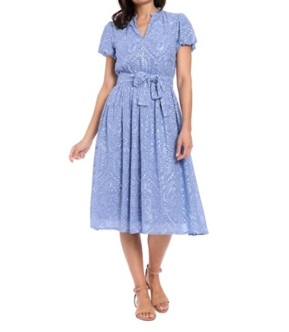 NEW LONDON TIMES ruffle neck bubble sleeve eyelet midi dress in english manor bl